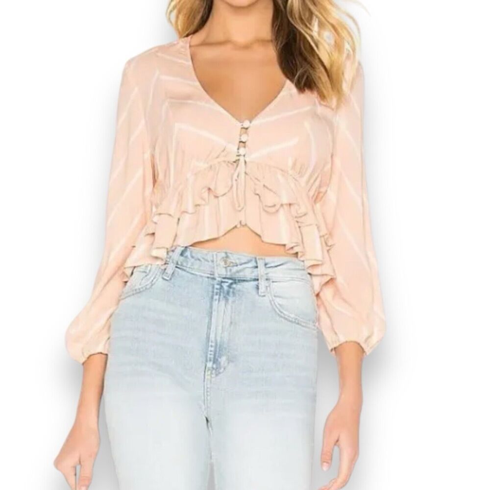 FREE PEOPLE Samifran Peach Stripe Blouse XS Boho Cropped Lon Sleeve Top Coquette